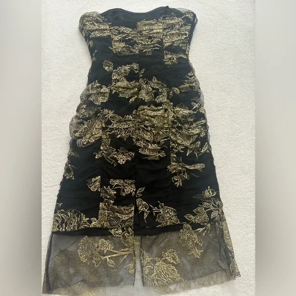 NWT MARCHESA NOTTE Strapless Black/Golden Midi Dress.